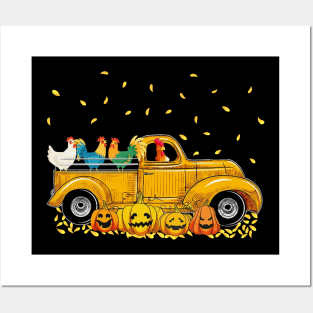Yellow Car Truck Chickens And Pumpkins Halloween Posters and Art